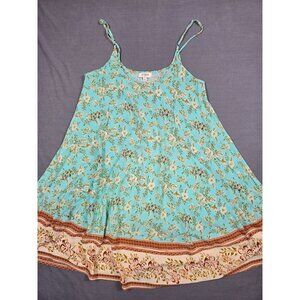 Umgee Womens Floral Print Spaghetti Strap Dress L Blue & Beige Boho